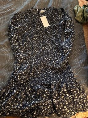 Mango Navy and White Smocked Floral Dress